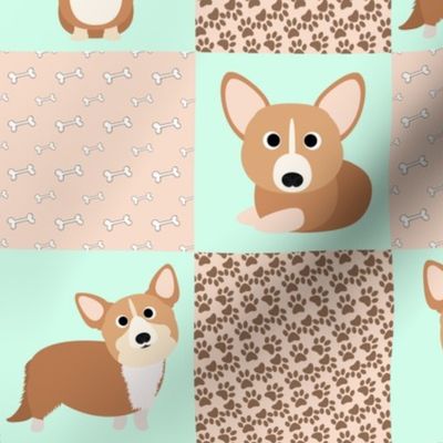 14" corgi dog cheater quilt - cheater fabric, dog quilt, corgi fabric, dog, girls dog quilt, pet design - mint