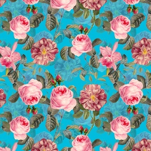 12" Pierre-Joseph Redouté- Little pink Vintage Roses on teal