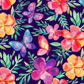 Summer Blooms & Butterflies on Dark Purple