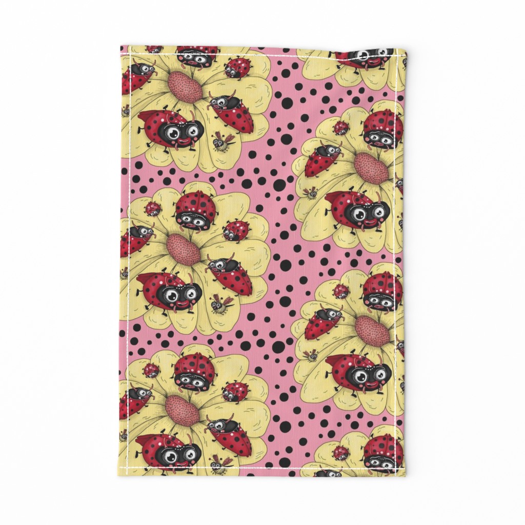 some quirky ladybugs and a couple of cute bees, large scale, pink coral yellow red black white