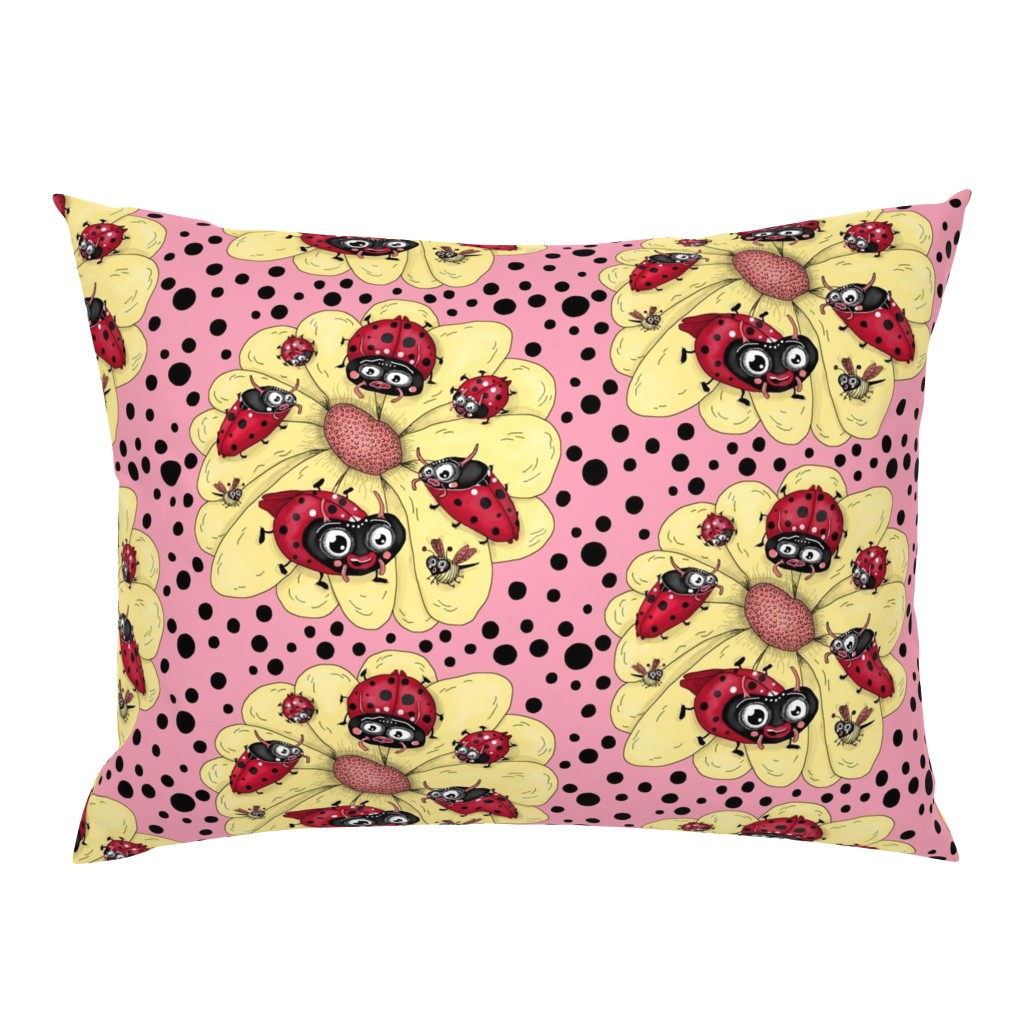 some quirky ladybugs and a couple of cute bees, large scale, pink coral yellow red black white