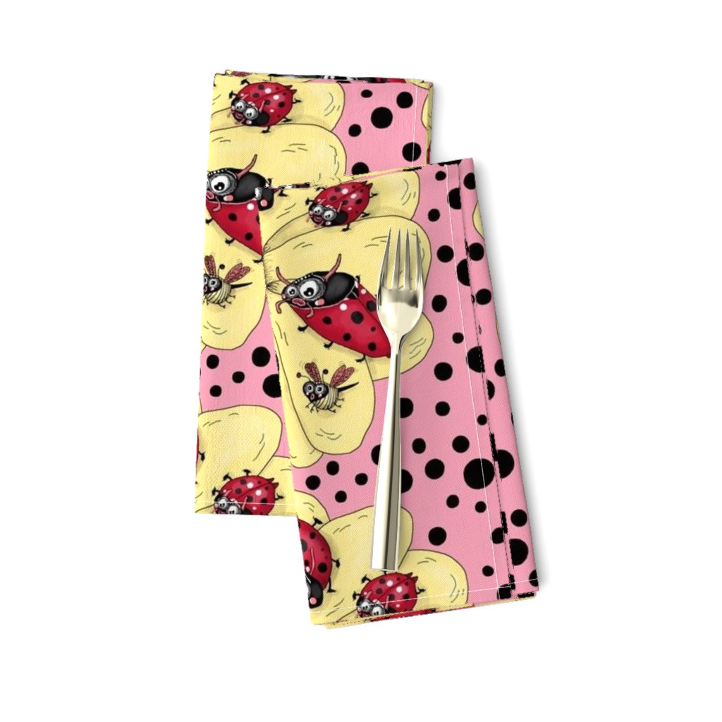 some quirky ladybugs and a couple of cute bees, large scale, pink coral yellow red black white