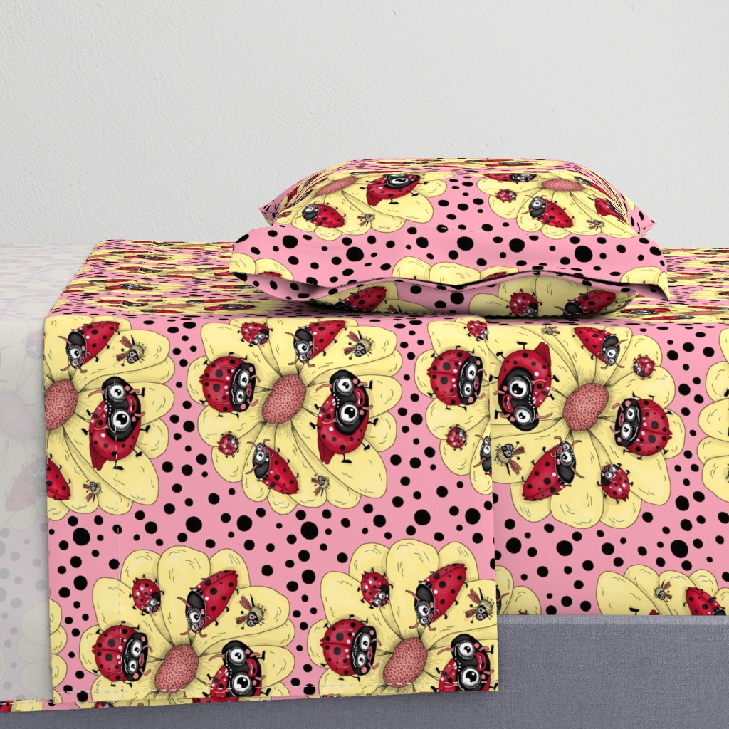 some quirky ladybugs and a couple of cute bees, large scale, pink coral yellow red black white