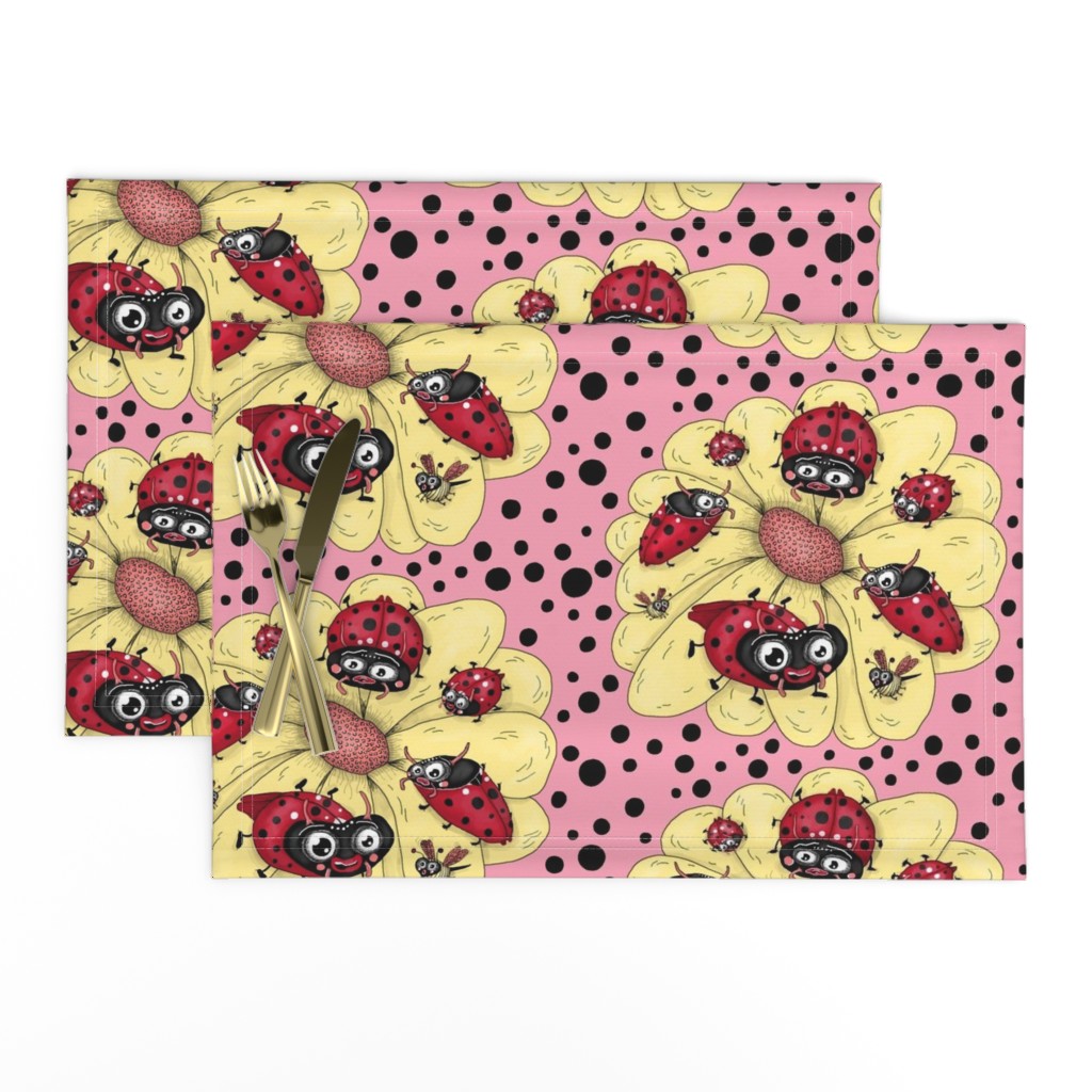 some quirky ladybugs and a couple of cute bees, large scale, pink coral yellow red black white