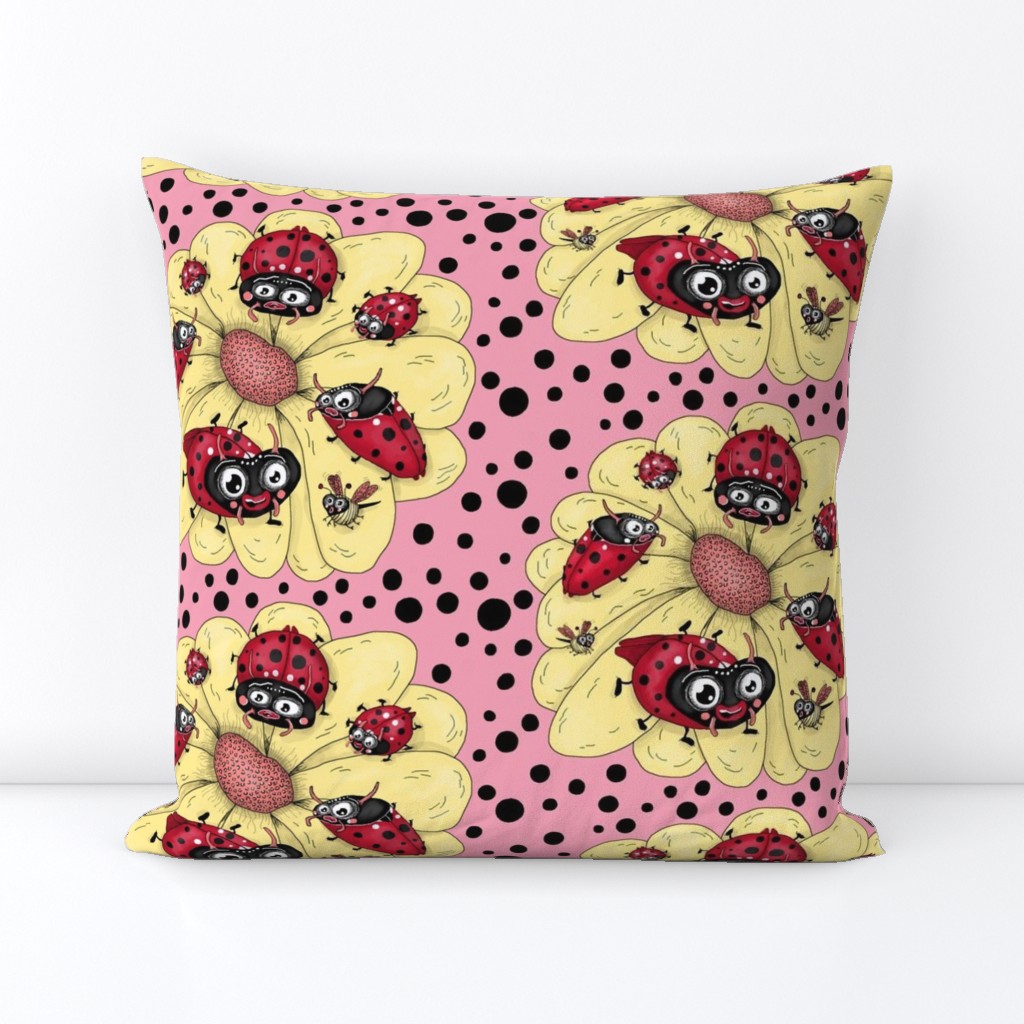 some quirky ladybugs and a couple of cute bees, large scale, pink coral yellow red black white