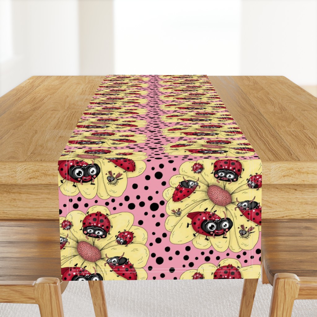 some quirky ladybugs and a couple of cute bees, large scale, pink coral yellow red black white