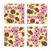 some quirky ladybugs and a couple of cute bees, large scale, pink coral yellow red black white