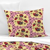 some quirky ladybugs and a couple of cute bees, large scale, pink coral yellow red black white