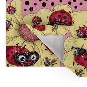 some quirky ladybugs and a couple of cute bees, large scale, pink coral yellow red black white