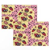 some quirky ladybugs and a couple of cute bees, large scale, pink coral yellow red black white