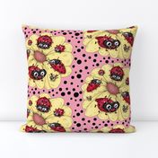 some quirky ladybugs and a couple of cute bees, large scale, pink coral yellow red black white