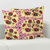 some quirky ladybugs and a couple of cute bees, large scale, pink coral yellow red black white