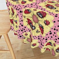 some quirky ladybugs and a couple of cute bees, large scale, pink coral yellow red black white