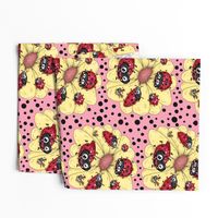 some quirky ladybugs and a couple of cute bees, large scale, pink coral yellow red black white