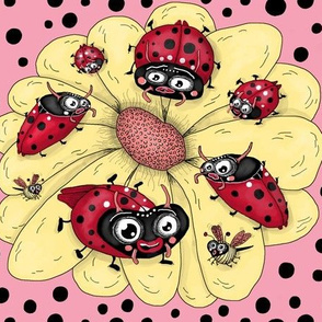 some quirky ladybugs and a couple of cute bees, large scale, pink coral yellow red black white