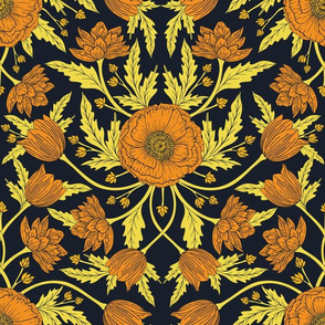 Golden Flowers - Yellow, Orange & Navy Blue Dark Floral Pattern