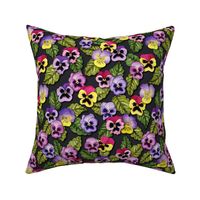 Purple, Red & Yellow Pansies With Green Leaves - Floral/Botanical Pattern