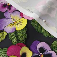 Purple, Red & Yellow Pansies With Green Leaves - Floral/Botanical Pattern