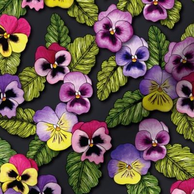 Purple, Red & Yellow Pansies With Green Leaves - Floral/Botanical Pattern