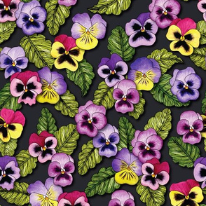 Purple, Red & Yellow Pansies With Green Leaves - Floral/Botanical Pattern