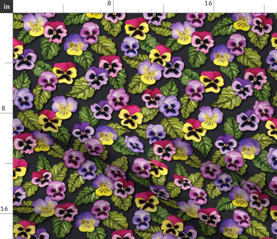 Purple, Red & Yellow Pansies With Green Leaves - Floral/Botanical Pattern