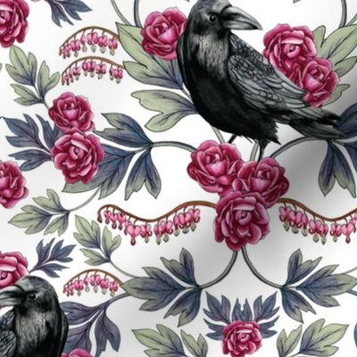 Crow, Bleeding Heart & Roses Floral/Botanical Pattern