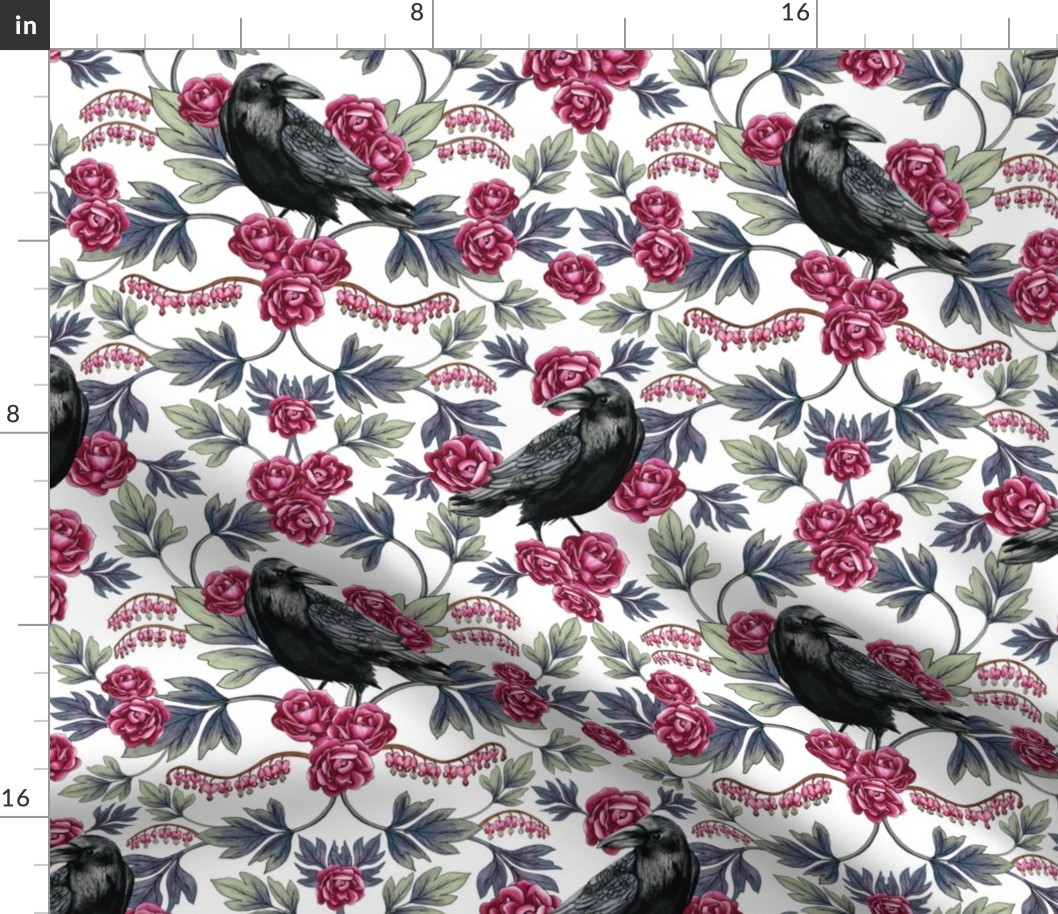 Crow, Bleeding Heart & Roses Floral/Botanical Pattern