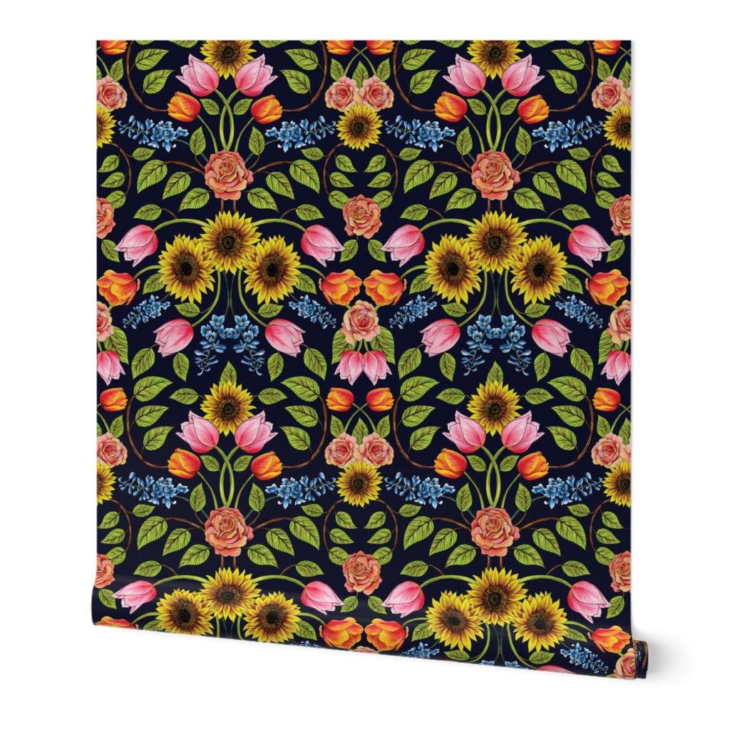 Dark Floral Print - Sunflowers, Tulips, Roses & Delphinium