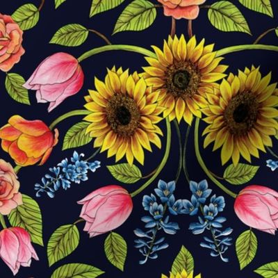 Dark Floral Print - Sunflowers, Tulips, Roses & Delphinium