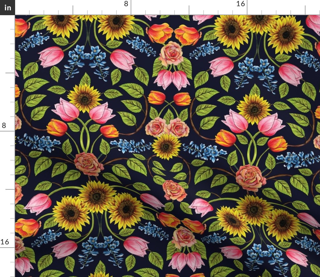 Dark Floral Print - Sunflowers, Tulips, Roses & Delphinium