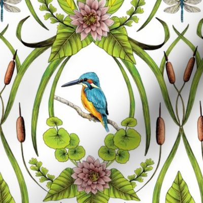 Common Kingfisher, Water Lilies, Dragonflies & Cattails Pattern