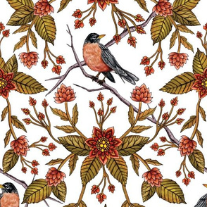 New Beginnings - Spring/Summer Floral Pattern With Robins, Branches & Flowers