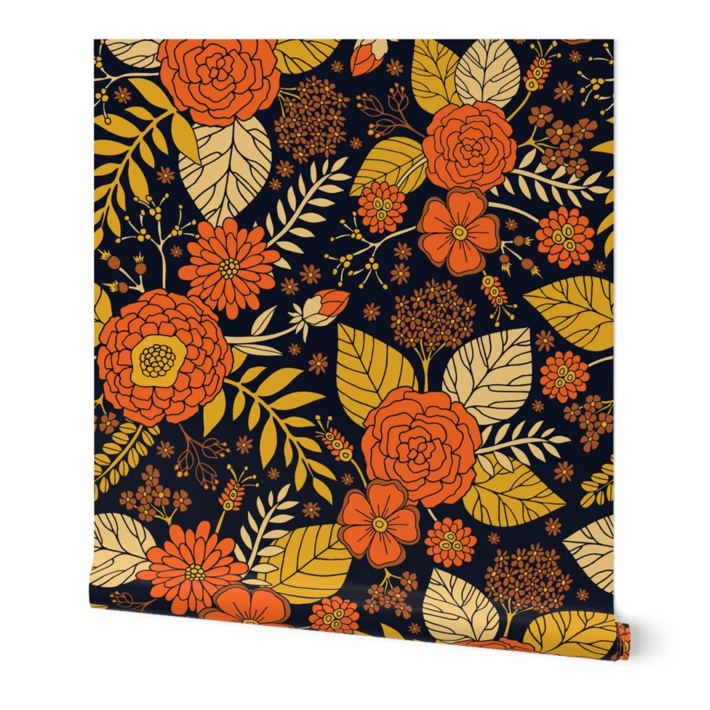 Retro Orange, Yellow, Brown, & Navy Floral Pattern