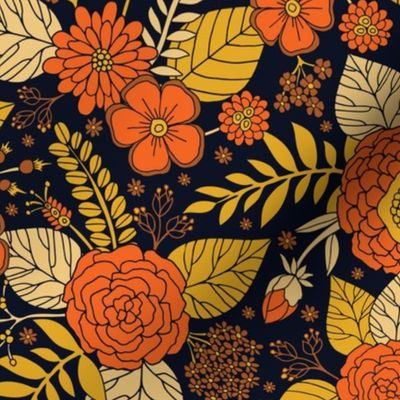 Retro Orange, Yellow, Brown, & Navy Floral Pattern