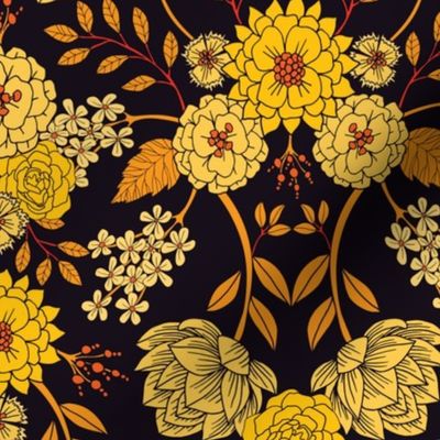 Yellow, Orange & Navy Blue Dark Floral Pattern