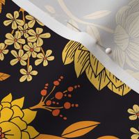 Yellow, Orange & Navy Blue Dark Floral Pattern