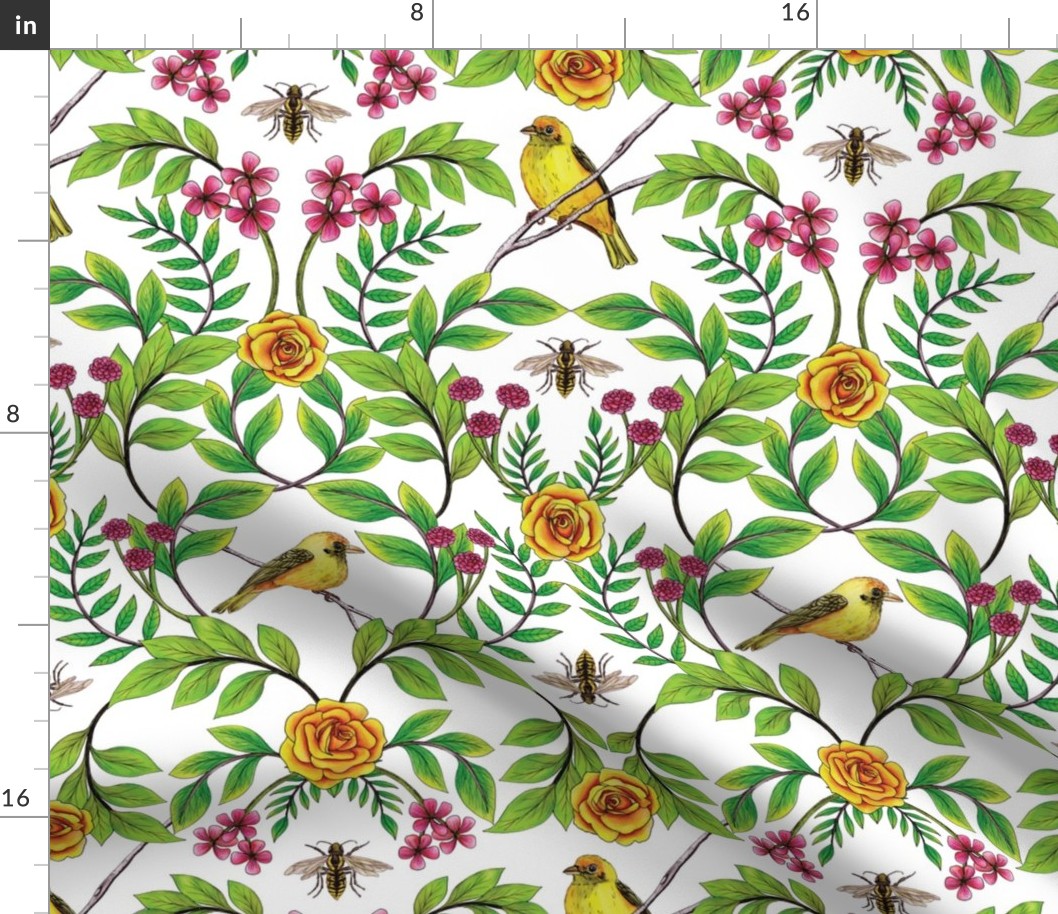 Summer Song - Yellow & Pink Floral Pattern with Birds & Bees