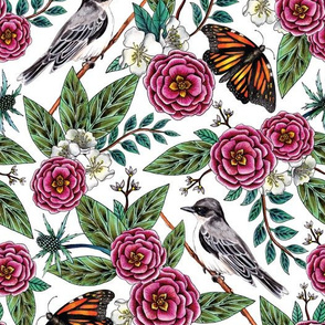 Birds & Butterflies - Pink & Green Floral/Botanical/Nature-Inspired Pattern