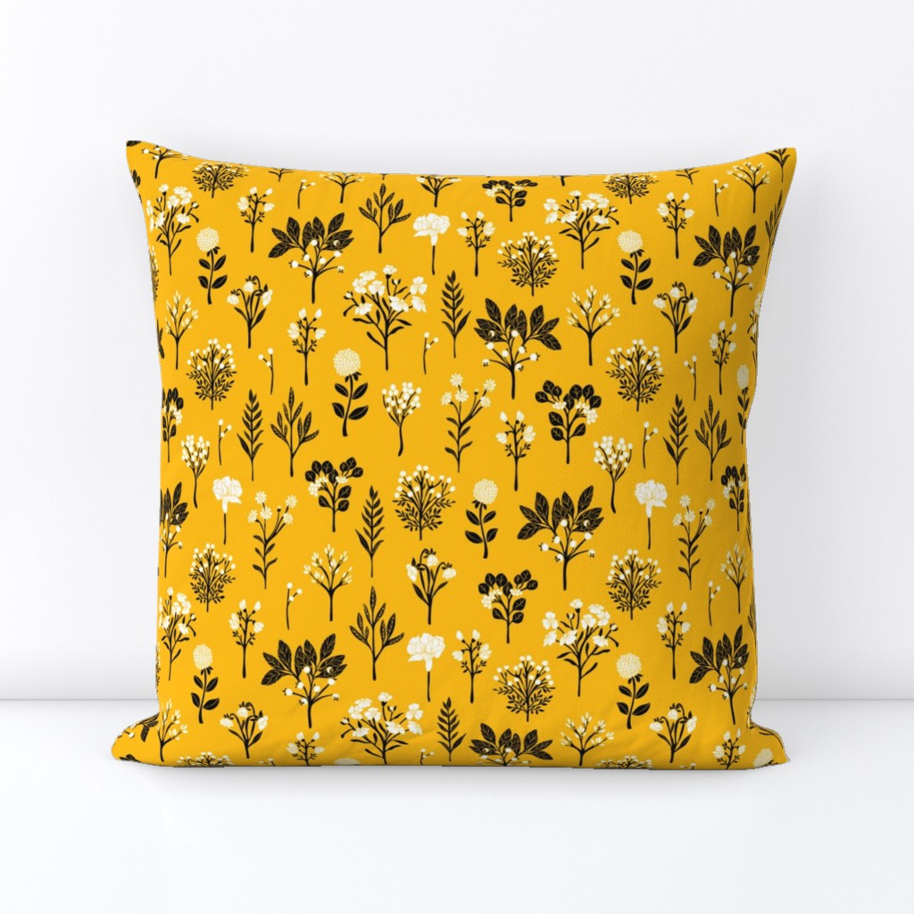 Mustard Yellow, Black & White Floral/Botanical Pattern