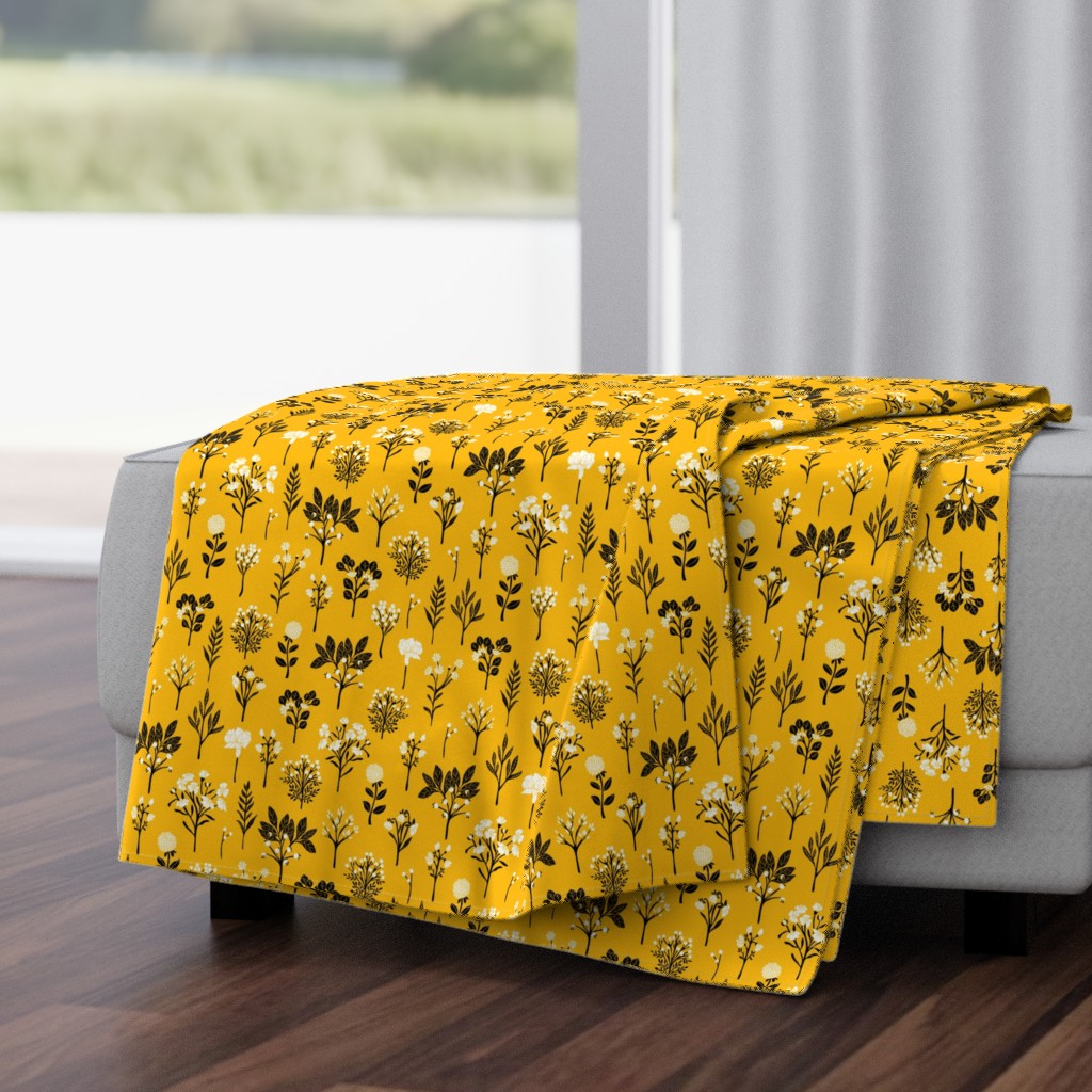 Mustard Yellow, Black & White Floral/Botanical Pattern