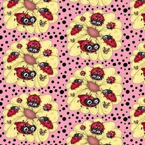 some quirky ladybugs and a couple of cute bees, small scale, pink coral yellow red black white