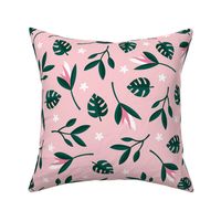 Lush summer jungle tropical rainforest leaves and birds of paradise flowers green pink LARGE