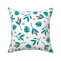 Lush summer jungle tropical rainforest leaves and birds of paradise flowers teal pink LARGE