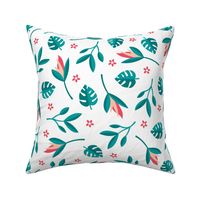 Lush summer jungle tropical rainforest leaves and birds of paradise flowers teal blue red LARGE