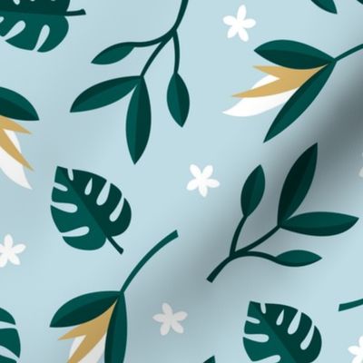 Lush summer jungle tropical rainforest leaves and birds of paradise flowers teal blue ochre green LARGE