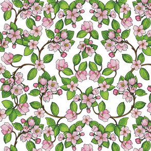 Pink Apple Blossoms - Floral Pattern With Flower Buds, Leaves & Branches