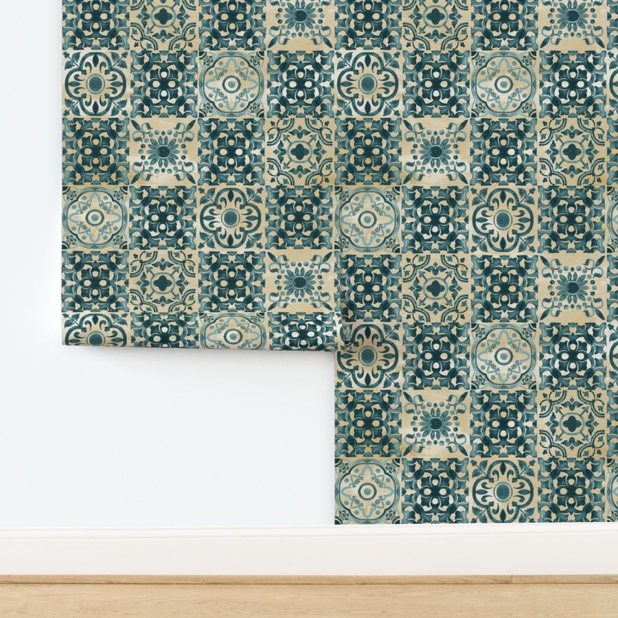 19-07z Teal Tan Boho Moroccan Tile