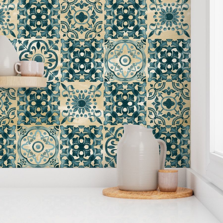 19-07z Teal Tan Boho Moroccan Tile