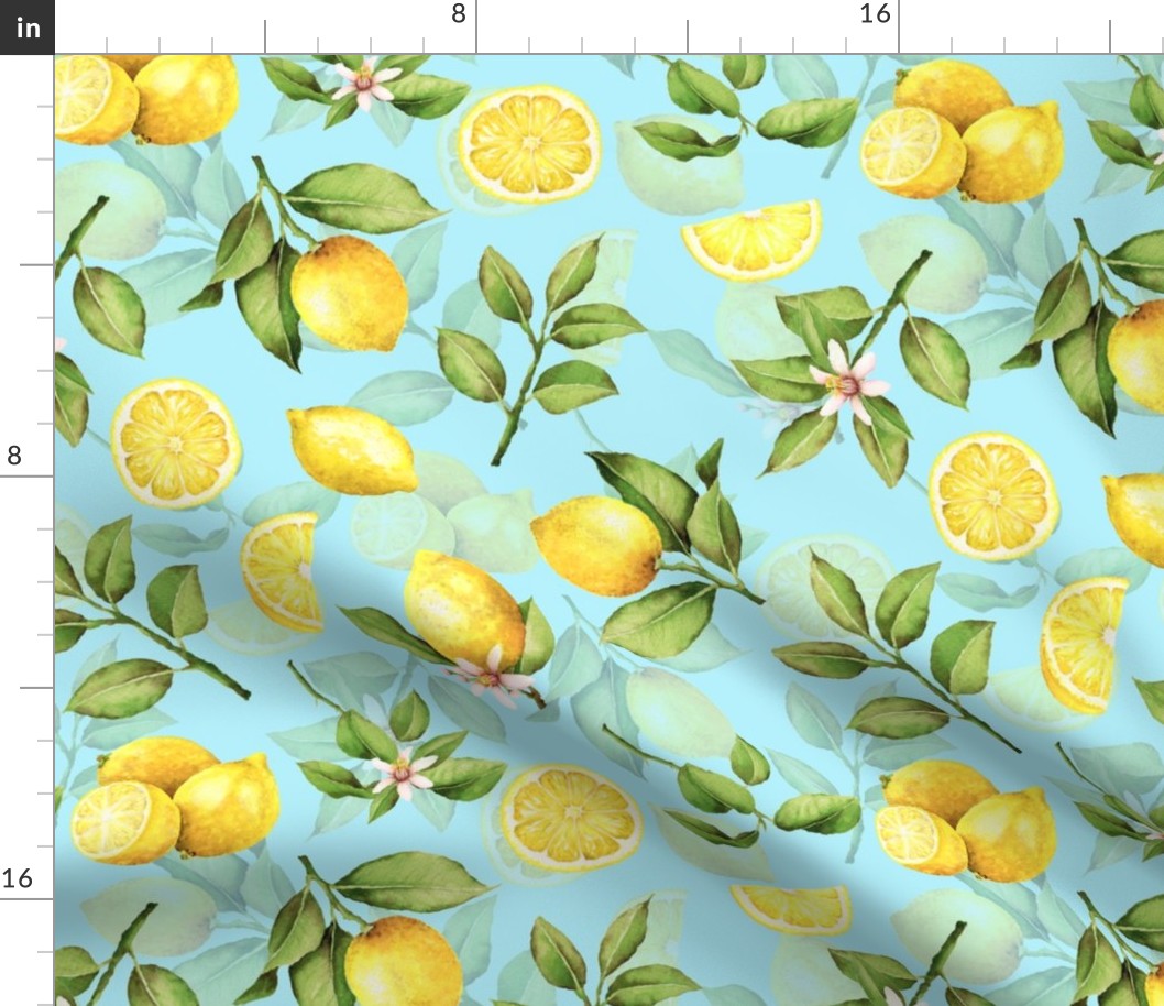  14" Lemonade - Summer Mediterranean Fresh hand drawn lemon branches and slices on teal - double layer