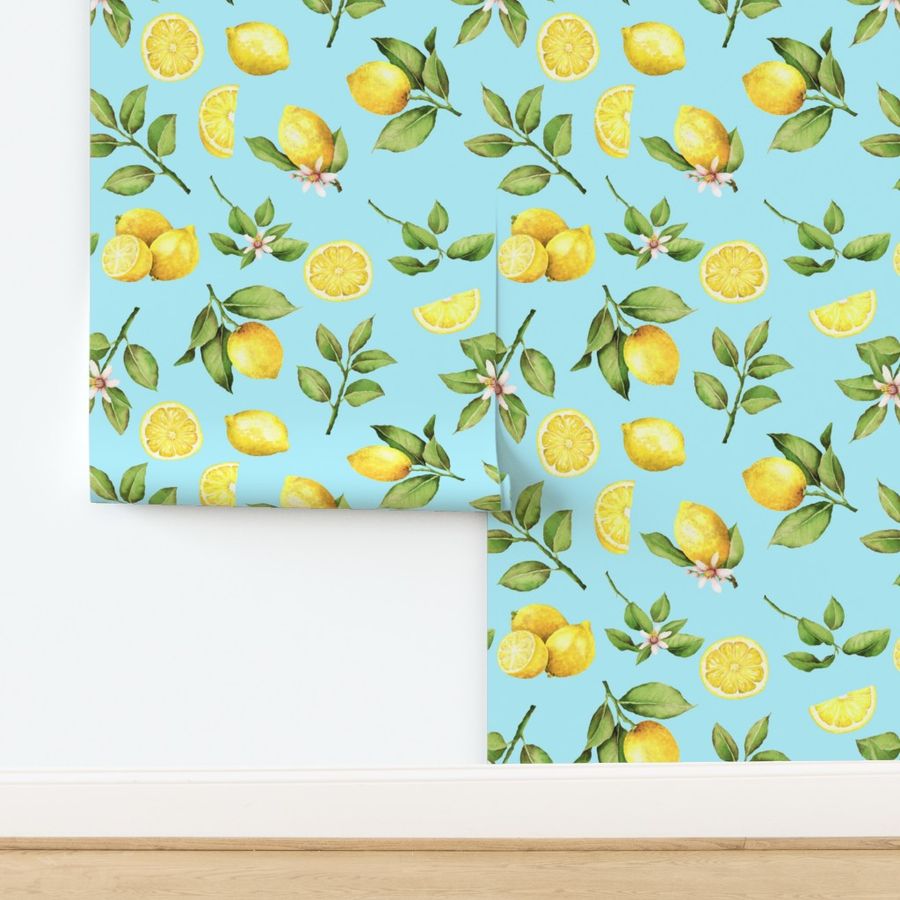  14" Lemonade - Summer Mediterranean Fresh hand drawn lemon branches and slices on teal